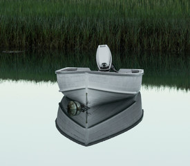 Small white motor boat mored reflecting in lake water