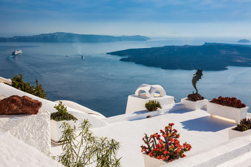 Details of the beautiful architecture of Santorini Island and the view of the Cyclades