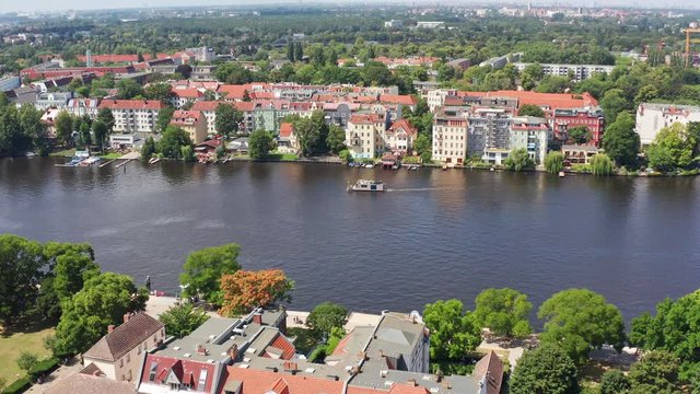 aerial flight with view of river spree in berlin koepenick germany