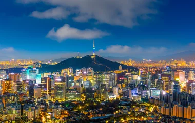 Velvet curtains Seoel Seoul South Korea City Skyline at night with seoul tower.
