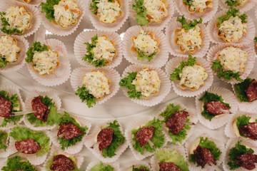 Beautifully decorated catering banquet table with different food snacks and appetizers with sandwich, caviar, fresh fruits on corporate christmas birthday party event or wedding celebration