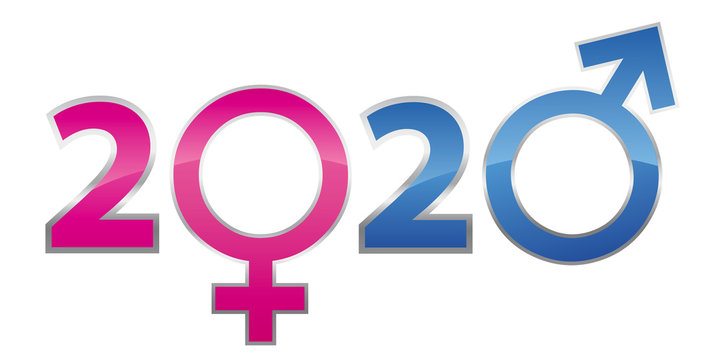 Concept de carte de voeux traitant de la relation entre les hommes et les femmes en utilisant les symboles masculin et féminin pour remplacer les zéros de l’année 2020