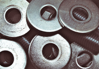 Stack of Industrial  steel  bolts and washers, zinc heap chrome.