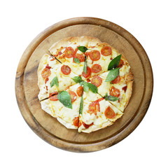 Top view of homemade pizza Italian food, thin-crust pizza pie (Margherita) with mozzarella cheese, tomatoes and basil leaves on wooden plate isolated on white bacground, clipping path included.