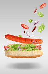 creative explosion of a hot dog with vegetables
