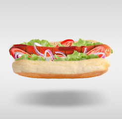 creative explosion of a hot dog with vegetables