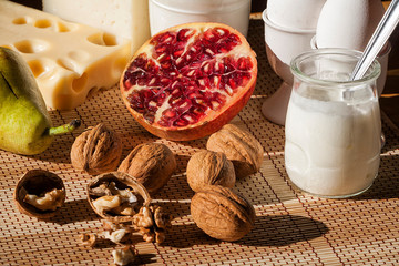 Breakfast with mediterranean food, fruits and dairy products