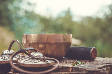 A bronze singing bowl stands on a stump tinted in green and blue tones in nature, side view....