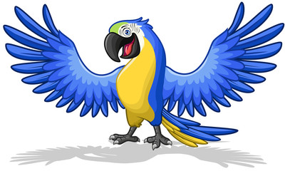 A cute of  blue macaw or parrot cartoon bird  flapping its wings while smiling. © REYYARTS