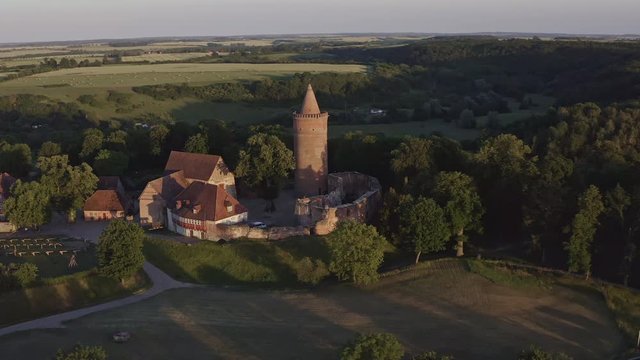 scenic flight of Aerial Shot of Castle in Germany Mecklenburg Vorpommern - Burg Stargard