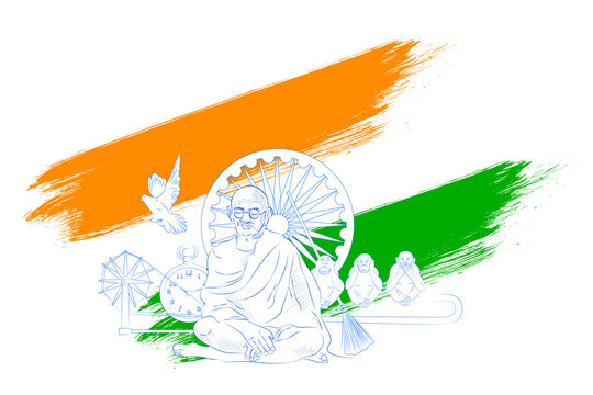 illustration of Tricolor India background with Nation Hero and Freedom Fighter Mahatma Gandhi for Independence Day or Gandhi Jayanti