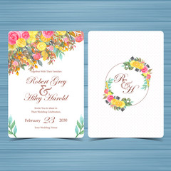 set of floral wedding invitation card with colorful flowers