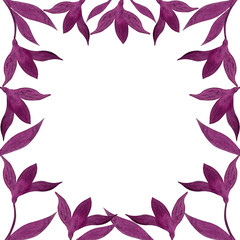 Watercolor abstract flowers square frame. Hand drawn purple plants, leaves, petals, herbs illustration isolated on white background. Template for design, wedding, save the date, invitation, decoration