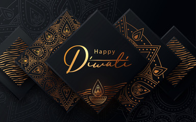 Diwali festival modern luxury design in paper cut style with golden pattern and oil lamp on black textured background. Holiday template for branding, greeting card, banner, cover, flyer or poster