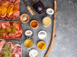 different pickled meat in glass bowls, and jars with spices ad herbs as curcuma,cardamon, rosemary, black pepper, soy and pomegranate sauce on grey background