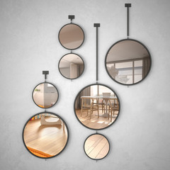 Fototapeta na wymiar Round mirrors hanging on the wall reflecting interior design scene, minimalist living room with dining table, modern architecture concept idea