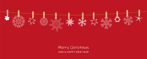 red christmas card with hanging snowflakes vector illustration EPS10