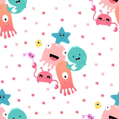 Wall murals Sea animals Kawaii color marine pattern. Octopus, crabs, stars and fish on a white background