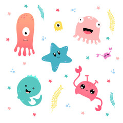 Kawaii sea ​​creatures. fish, jellyfish, crab, stars, algae and bubbles. A set of stickers