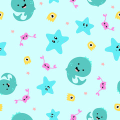 Kawaii color marine pattern. Octopus, crabs, stars and fish on a blue background