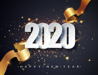 2020 Happy New Year vector background with golden gift ribbon, confetti, white numbers. Christmas celebrate design. Festive premium concept template for holiday