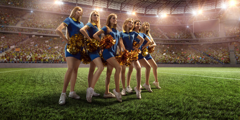 Fototapeta na wymiar Group of cheerleaders in action on the professional stadium. The stadium and crowd are made in 3d