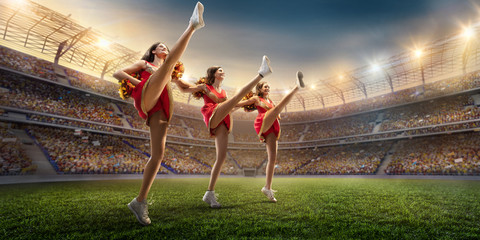 Group of cheerleaders in action on the professional stadium. The stadium and crowd are made in 3d