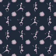 Ethnic Indian traditional dance seamless pattern on a dark blue background, vector