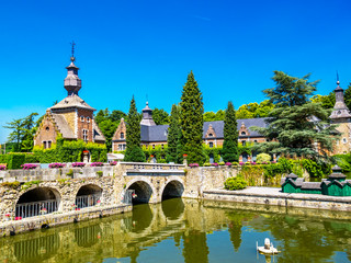 Summer sunny view of part of the Jehay Castle or Jehay-Bodegnee Castle with gate tower, Province of...