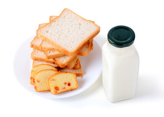 Fototapeta na wymiar Milk, Bread, Cake And Banana Isolated on White Background