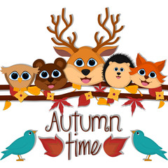 Autumn time card with a cute owl, bear, deer, porcupine and fox - Vector