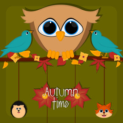 Autumn time card with a cute owl, birds, porcupine and fox - Vector