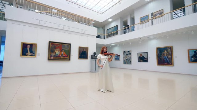 Stunning lady is playing the violin in the gallery