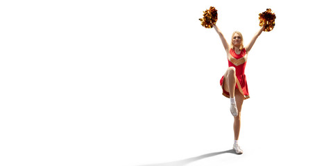 Isolated cheerleader in action on white background.
