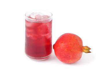 Glass of juice and pomegranate isolated on white background