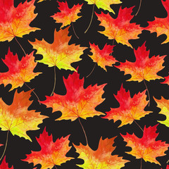 Naklejka na ściany i meble Watercolor seamless pattern with autumn maple leaves.