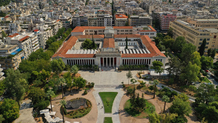 Aerial drone photo of iconic public National Archaeological Museum in the heart of Athens, Attica,...