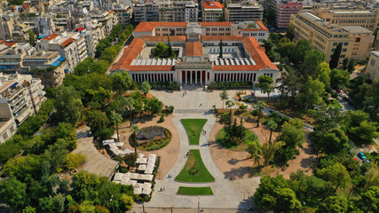 Aerial drone photo of iconic public National Archaeological Museum in the heart of Athens, Attica, Greece