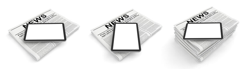 Stack of old newspapers and a tablet pc on a white background. 3D rendering