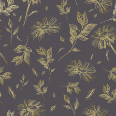 Seamless vintage pattern with chamomile and branch - 292387494
