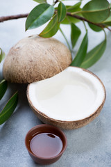 Natural coconut water with ficus tree in the background, vertical shot