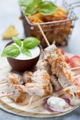 Close-up of chicken souvlaki skewers with tzatziki and french fries, selective focus, vertical shot