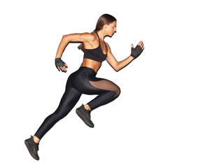 Fototapeta na wymiar muscular woman in black sportswear running isolated on white background