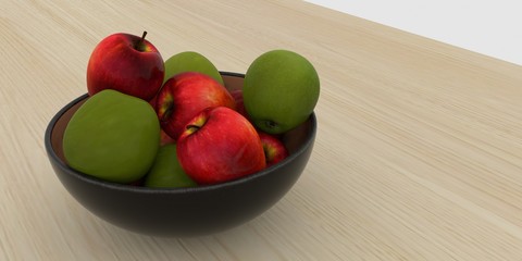 Extremely detailed and realistic high resolution 3d illustration of a fruit basket full of green and red apples