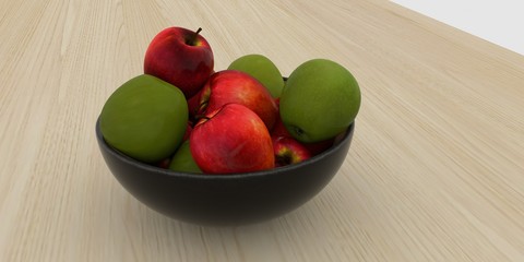 Extremely detailed and realistic high resolution 3d illustration of a fruit basket full of green and red apples