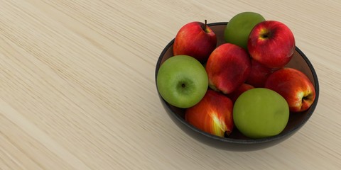 Extremely detailed and realistic high resolution 3d illustration of a fruit basket full of green and red apples