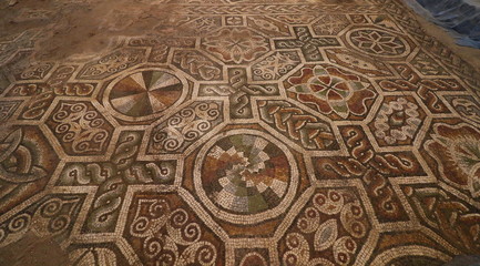 Roman mosaic located in archaeological site in The Bishop's Basilica of Philippopolis, the city of...