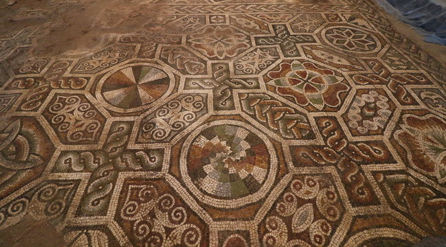 Roman mosaic located in archaeological site in The Bishop's Basilica of Philippopolis, the city of Plovdiv, Bulgaria. Roman mosaic in the oldest city in Europe