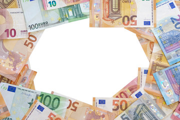 Mocup of Euro banknotes. Financial background. Different Euro banknotes frame. Business, finance, investment, saving and corruption concept. Closeup of Euro money over concrete background.