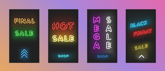 Trendy set of neon templates for social networks stories. Social media trendy templates design, insta post. Set of special offer sale promotion, black friday, hot sale, final sale, mega sale.